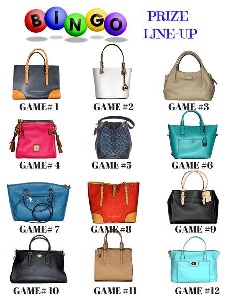 Poster created to show the game line up for handbag bingo Designer Bag Bingo Fundraiser, Purse Bingo Table Decorations, Purse Bingo Fundraiser, Purse Bingo Fundraiser Ideas, Bingo Clipart, Bingo Fundraiser, Bingo Event, Purse Bingo, Bingo Ideas