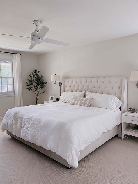 White Dove Benjamin Moore Bedroom, Carpet In Bedroom, Dove Wing Benjamin Moore, Whole House Paint Colors, Neutral Decor Ideas, Benjamin Moore Bedroom, White Dove Benjamin Moore, Taupe Paint Colors, Warm Neutral Paint Colors