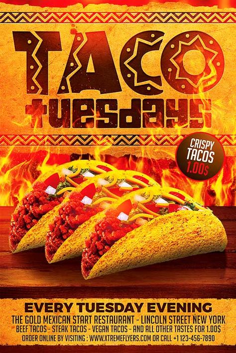 Taco Tuesdays Flyer Template - http://xtremeflyers.com/taco-tuesdays-flyer-template/ Taco Tuesdays Flyer Template   Taco Tuesdays Flyer Template was designed to advertise a Tacos promotion in your bar / pub / Mexican restaurant.  The design is well sorted in folders, and all the elements can be removed or rearranged as you please. You don't need a good knowledge of Photoshop #FastFood, #Flyer, #Mexican, #Restaurant, #Taco, #TacoTuesdays, #Template Taco Poster Design, Taco Poster, Tacos Tuesday, Mexican Food Menu, Pizza Twists, Taco Design, Taco Restaurant, Mexican Menu, Bbq Catering