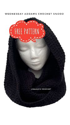 Wednesday Addams inpired Easy Crochet Snood Pattern Snood Pattern Crochet Free, Hooded Scarf Free Crochet Pattern, Crochet Patterns Beanie Free, Enid Snood Pattern, Crochet Snood Free Pattern Simple, Wednesday Addams Crochet Snood, Easy Goth Crochet, Enid Snood Crochet Pattern, Free Snood Pattern