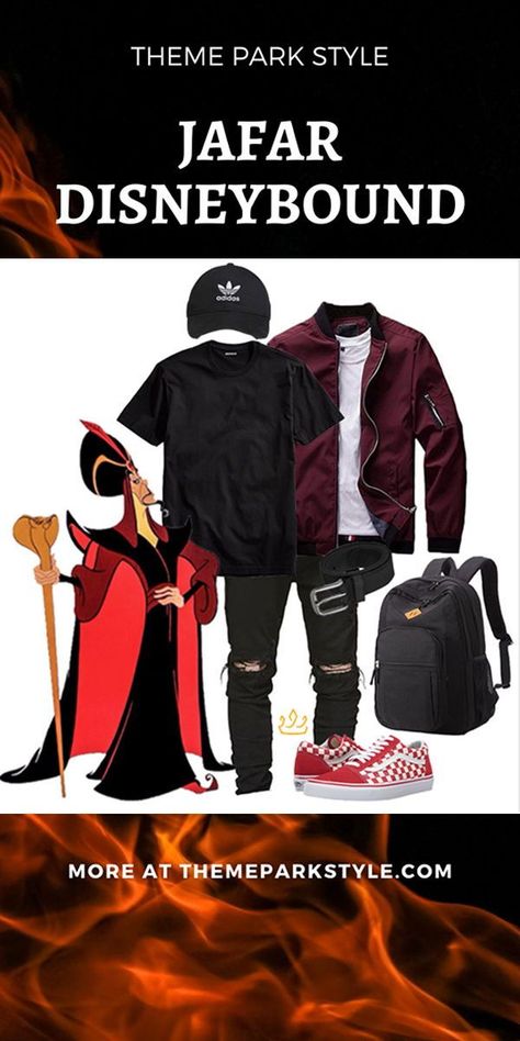 Jafar DisneyBound! I know Jafar is a bad guy, but he still has great taste in style! This Mens Disney Villain DisneyBound is the perfect casual DisneyBound for school or the parks. We know that an Aladdin DisneyBound should be a stylish DisneyBound- that's why this Mens DisneyBound is so budget-friendly and could become a couple DisneyBound! Check out Theme Park Style for where to buy this outfit, find more DisneyBounding inspo, DisneyBound collages, and DisneyBounding outfits! #villainbound Disney Villains Disneybound, Disney Outfits For Men, Disneyland Outfits Men, Jafar Disneybound, Men Disney Outfits, Casual Disneybound, Couple Disneybound, Villain Disneybound, Aladdin Disneybound