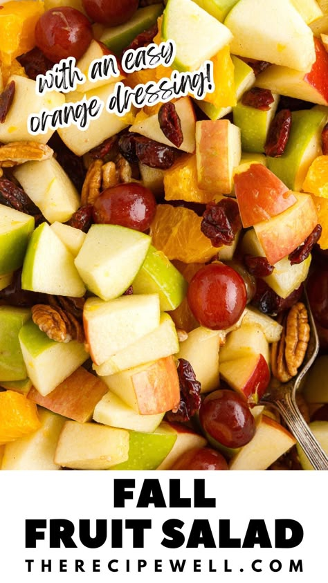 Enjoy the flavours of fall with this delicious Fall Fruit Salad, made with fresh seasonal fruit tossed in a spiced orange dressing. Perfect for Thanksgiving, Christmas or any autumn gathering! Fruit Salad With Oranges, Fall Fruit Salads, Thanksgiving Fruit Salad Recipes, Autumn Fruit Salad, Thanksgiving Fruit Ideas, Fall Fruit Salad Recipes, Fall Fruit Platter Ideas, Fruit Salad Fall, Fruit Salad For Breakfast