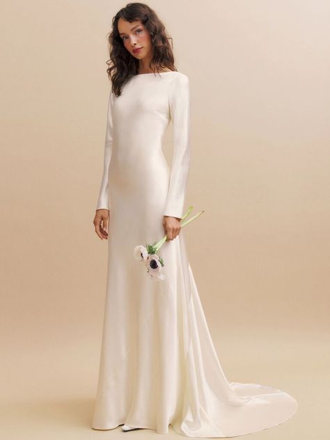 Inexpensive Wedding Dresses, White Silk Dress, Charmeuse Fabric, Minimalist Wedding Dresses, Silk Wedding Dress, Silk Dress Long, Affordable Wedding Dresses, Modest Wedding, Sleeve Wedding Dress