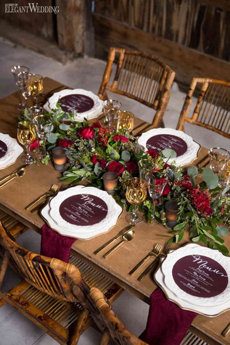 This deep burgundy/Marsala menu has me like ! Love this use of one of our most popular shades at the moment! Rustic Wedding Table Setting, Burgundy Wedding Table Ideas, Red Wedding Table Setting | Rustic Burgundy Barn Wedding | ElegantWedding.ca Burgundy Barn Wedding, Burgundy Wedding Table, Rustic Wedding Table Setting, Rustic Wedding Table Runners, Wedding Table Menus, Tafel Decor, Rustic Wedding Table, Wedding Barn, Table Runners Wedding