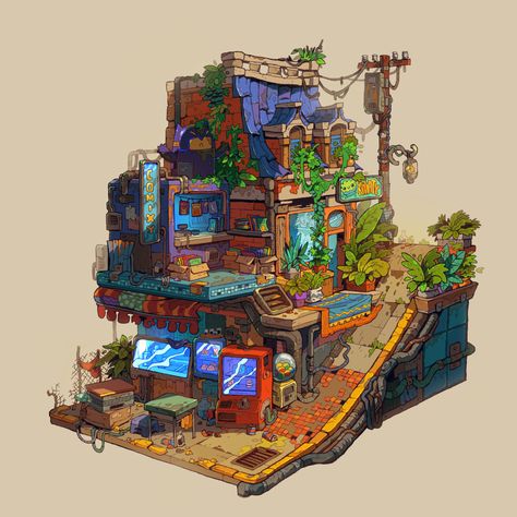 ArtStation - marketplace, Krzysztof Maziarz Nautical Drawing, Solar Punk, Romantic Drawing, Fantasy Town, Building Concept, Isometric Art, Setting Ideas, Building Art, Game Concept Art