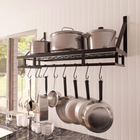 Kitchen Pans Organization, Wall Mounted Kitchen Shelves, Kitchen Shelves Organization, Kitchen Pans, Hanging Pans, Pan Organization, Pan Rack, Kitchen Hanging, Pot Hanger