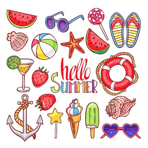 Summer Symbols, Summer Drawings, Fruit Icons, Summer Illustration, Summer Icon, Summer Cards, Dessin Adorable, Drawn Illustration, Summer Prints