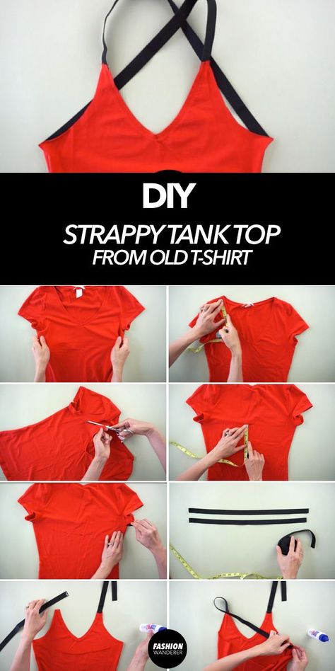 Do you know how to make a strap tank top from t-shirt without sewing? The plunging v-neckline with wide width cross back shoulder strap detail makes this no sew yoga top from old t-shirt a perfect workout friendly silhouette to pair with your favorite leggings. Diy Leggings, Cut Shirt Designs, Tank Tops Diy, Cut Tee Shirts, Diy Clothes Refashion, Sew Projects, Favorite Leggings, Sewing Projects Clothes, Perfect Workout