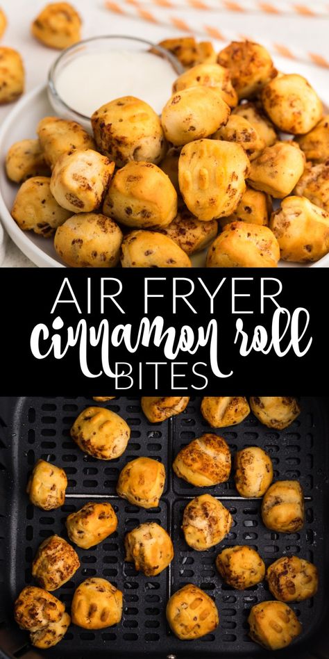 Snacks For Air Fryer, Cinnamon Roll Bites Air Fryer, Easy Treats For Work, Air Fryer Cinnamon Rolls Pillsbury Bites, Air Fried Cinnamon Rolls, Air Fryer Toddler Meals, Airfryer Cinnamon Rolls, Airfryer Recipes Breakfast, Air Fry Snacks