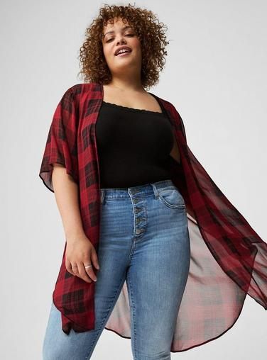 Textured Chiffon Kimono, ETTA PLAID RHUBARB Black Beachwear, Ceremonial Clothing, Trendy Plus Size Fashion, Chiffon Kimono, Sheer Shorts, Summer Lookbook, Easter Outfit, Feel Pretty, Sweaters And Jeans