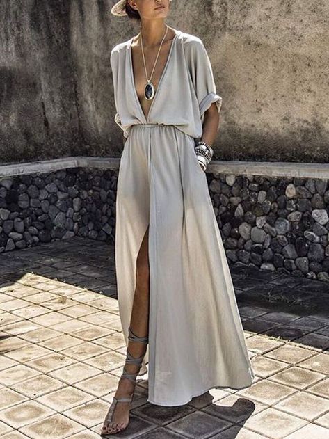 STYLECASTER | Maxi Dress Outfit Ideas | summer maxi dress | casual maxi dress Sukienki Maksi, Plus Size Long Dresses, Plain Maxi Dress, Split Long Dress, Dress Sleeve Length, Split Maxi Dress, Half Sleeve Dresses, Split Dress, Maxi Robes