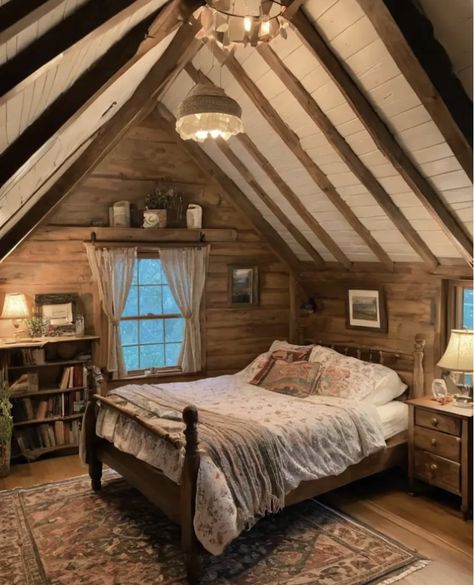 Log Cabin House Aesthetic, Old Cottage Interior Rustic, Old Wooden House Interior, Rural House Interior, Vintage Attic Bedroom, Cabin Room Ideas Bedrooms, Attic Bedroom Aesthetic, Wood House Ideas, Vermont Bedroom