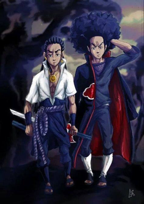 Boondocks (Riley and Huey) in Akatsuki mode Boondock Drawings, Boondocks Riley And Huey, Riley And Huey, Boondocks Riley, Boondocks Drawings, Supreme Bape, Black Comics, Hip Hop Art, Black Characters