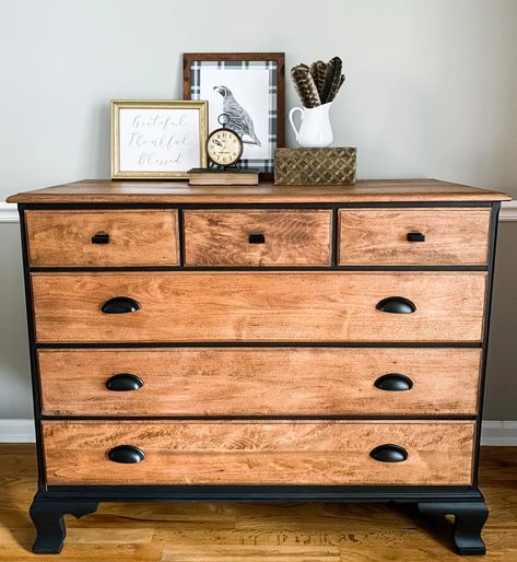 Back On The Horse Two Tone Stained Furniture, Refinished Maple Dresser, Tiger Oak Dresser Makeover, Two Toned Dresser Makeover, Two Tone Dresser Makeover, Boys Dressers, Maple Dresser Makeover, Vintage Buffet Makeover, Wood Dressers Makeover