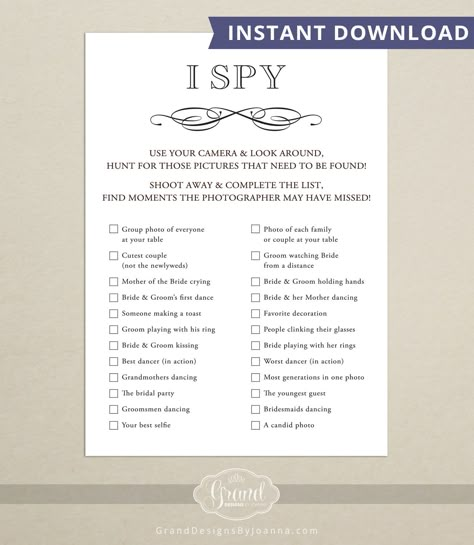 INSTANT DOWNLOAD - Wedding I Spy Game for Guests - iSpy Wedding Game Sign - 5x7 - Wedding Reception Photo Game - Digital, Printable by GrandDesignsbyJoanna on Etsy https://www.etsy.com/listing/230578346/instant-download-wedding-i-spy-game-for Wedding Games Questions, Indian Wedding Games, Wedding Games And Activities, Ideas For Wedding Photos, Wedding I Spy, Wedding Guests Photos, Groom Watch, Wedding Games For Guests, Reception Games