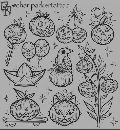 Halloween Tattoo Flash, Minimal Tattoo Designs, Pumpkin Tattoo, Traditional Tattoo Designs, Autumn Tattoo, Ear Tattoo Ideas, Flash Tattoo Designs, Spooky Tattoos, Halloween Artwork