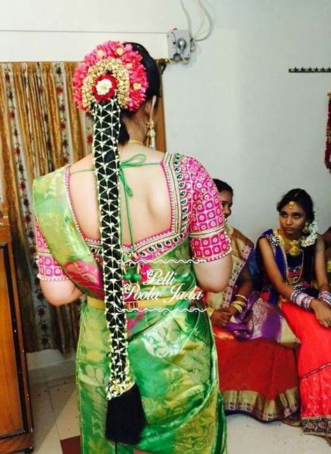 Green and pink combination...bride wearing net poolajada from https://m.facebook.com/PelliPoolaJada Bridal Hairstyles For Engagement, South Indian Hairstyles, Hairstyles For Engagement, South Indian Bridal Hairstyles, South Indian Hairstyle, South Indian Wedding Hairstyles, Bridal Hair Decorations, Bridal Hairstyle Indian Wedding, Engagement Hairstyles