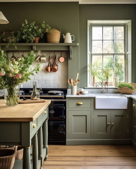 Green Country Kitchen, Sage Kitchen, Green Kitchen Decor, Sage Green Kitchen, Green Kitchen Cabinets, Green Cabinets, Kitchen Trends, Cottage Kitchen, Decoration Inspiration