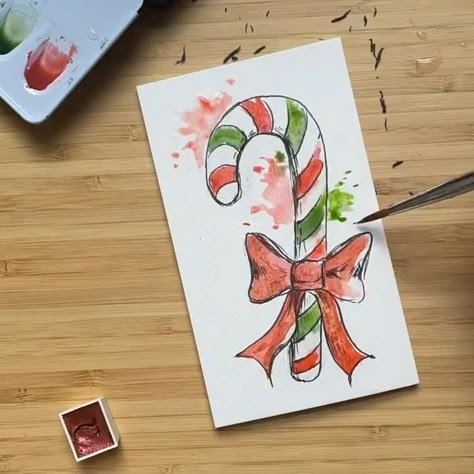 Painted Candy Canes, Cute Christmas Art Ideas, Candy Cane Watercolor, Watercolor Candy Cane, Christmas Drawing Watercolor, Christmas Card Art Watercolor, New Years Painting Ideas, Acrylic Christmas Cards, Winter Watercolor Paintings Easy