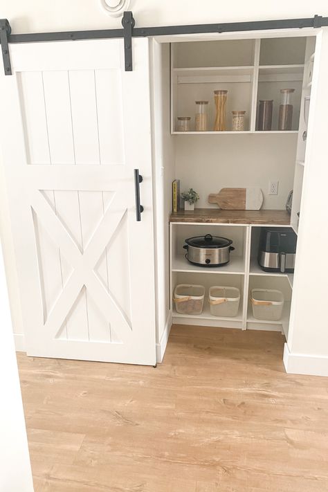 Farmhouse Kitchen Pantry Door, Farm Door Pantry, Kitchen Pantry Sliding Door Ideas, Barn Door Over Pantry, Slide Door Pantry, Pantry Design Sliding Doors, Barn Doors In The House Pantry, Small Pantry Door Ideas Farmhouse, Farmhouse Sliding Door Pantry