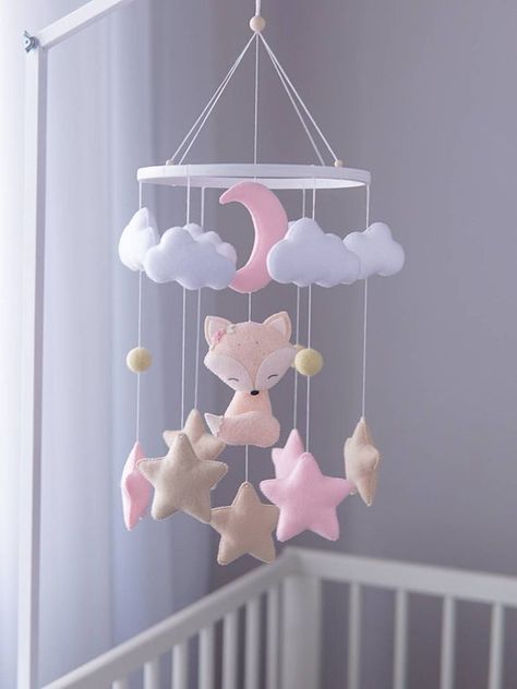 Pink Baby Mobile, Fox Mobile, Moon Mobile, Mobile Girl, Pink Mobile, Diy Baby Mobile, Baby Boy Mobile, Star Mobile