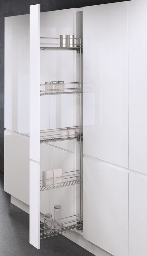 This Vauth Sagel Tall Pull Out provides convenient kitchen pantry storage in cabinets just 150mm wide. Great use of space in five chromed wire trays; great for packets, jars and cans. Full pull out allows ready access to contents. Soft close function on Austrian made ball bearing runners for easy use and low noise. 3D front adjustment for a perfect fit in your cabinet. Minimum height for installation 1750mm Minimum front to back depth for installation 500mm Tall Pull Out Kitchen Cabinets, Long Pull Out Kitchen Cabinet, Vertical Pull Down Cabinet, Kitchen Cabinet Pull Down Shelf, Kitchen Pull Out Larder Cupboard, Pull Out Pantry, Rustic Bathroom Shelves, Kitchen Pantry Storage, Rustic Country Home