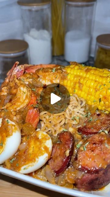 Jateriya Dashai’ on Instagram: "This Ramen Boil was 🔥 

Ingredients ⭐️ 
Ramen
Shrimp 
Eggs
Corn
Sausage 
Old bay
Onion powder 
Garlic powder 
Hot sauce 
Worcestershire
Yellow Onion 
Garlic 
Butter 
Brown sugar 
Lemon pepper 
Paprika 
Cayenne 
Accent
Cajun 

•

#ramenboil #eggboil #seafoodramen #seafoodboil #noodles #boil  #meals #delicious #cajunfood" Cajun Noodles, Cajun Ramen, Cajun Ramen Noodles, Seafood Boil Ramen Noodle Recipes, Sea Food Boil Ramen, Egg Boil With Ramen Noodles, Seafood Boil With Ramen Noodles, Ramen Noodle Boiled Egg Sausage, Seafood Boil Ramen