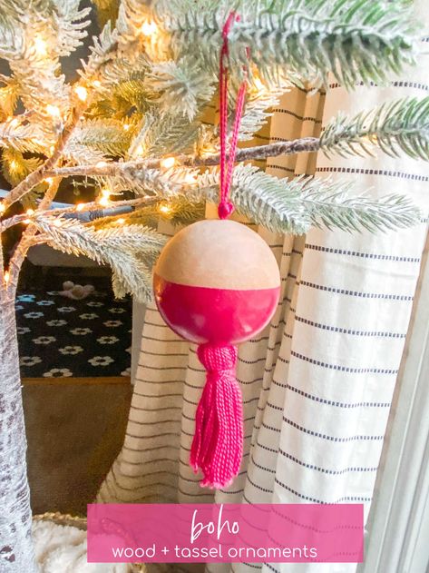 DIY Boho Wood and Tassel Ornaments. Add a little boho vibe to your holiday tree with this fun DIY painted bead ball ornament. Early Christmas Decorating, Christmas Cozy Home, Tassel Ornaments, Tassel Ornament, Christmas Star Decorations, Ornament Garland, Bead Ball, Nutcracker Ornaments, Diy Boho