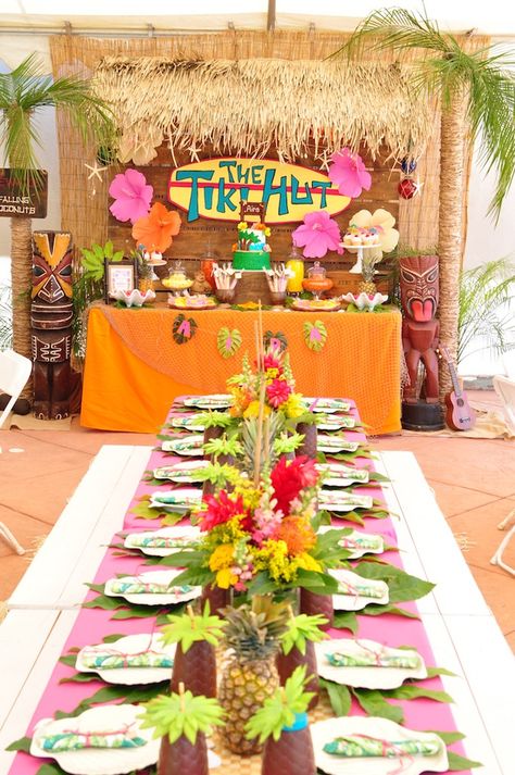 Tiki Hut Luau Party on Kara's Party Ideas | KarasPartyIdeas.com (31) Lu Au Party, Luau Grad Party Ideas, Hawaiian Birthday Party Ideas Decorations, Hawaiian Birthday Decorations, Hawaii Pool Party Ideas, Summer Luau Party Ideas, Laua Party Ideas Hawaiian Luau, Luau Graduation Party Ideas, Hawaiian Graduation Party