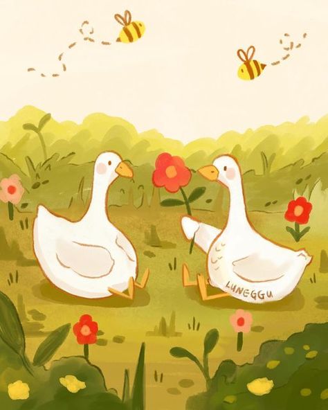 luna ᵕᴗᵕ on Instagram: "I have a feeling we're interrupting something 😶 . . . . . . . #cosyart #cuteanimalart #goose #geese #quack #flowers #illustrator #illustratorsoninstagram #illustratorart #procreateart #procreate #cottagecore #cottagecoreart #cuteart #wholesome #QUAckquack #dogeeseevenquack?" Duck Couple Drawing, Cute Goose Illustration, Two Ducks In Love, Cute Goose Drawing, Cute Duck Painting, Geese Drawing, Geese Illustration, Cute Duck Art, Cute Duck Illustration