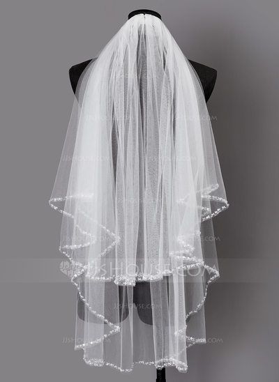 Two-tier Beaded Edge Elbow Bridal Veils With Sequin (006203714) - JJ's House Wedding Cottagecore, Cheap Wedding Veil, Wedding Veils Headpieces, Beaded Bridal Veil, Bridal Veils And Headpieces, Veil Length, Veil Headpiece, Pearl Veil, Wedding Bridal Veils