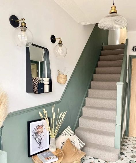 Townhouse Paint Ideas, Hallway Pop Of Color, Colorful Traditional Bedroom, Paint Hallway Ideas Wall Colors, Calm Hallway, Stairwell Paint Ideas, Green Hallway Ideas Entrance Halls, Wainscoting Paint Ideas, Narrow Entry Way Ideas