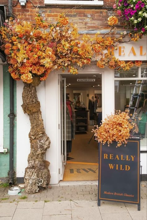 Store Front Fall Decorating Ideas, Fall Restaurant Decorations, Fall Window Display Store Fronts, Window Display Fall, Fall Store Window Displays, Tree Window Display, Fall Store Displays, Boutique Window Displays, Halloween Window Display