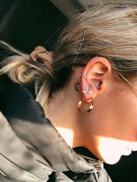 Moon Tattoos Behind The Ear, Crescent Moon Tattoo Placement, Sun And Moon Behind Ear Tattoo, Behind The Ear Moon Tattoo, Behind Ear Tattoo Moon, Moon Tattoo Ear, Crescent Moon Tattoo Behind Ear, Ear Tattoo Moon, Moon Ear Tattoo