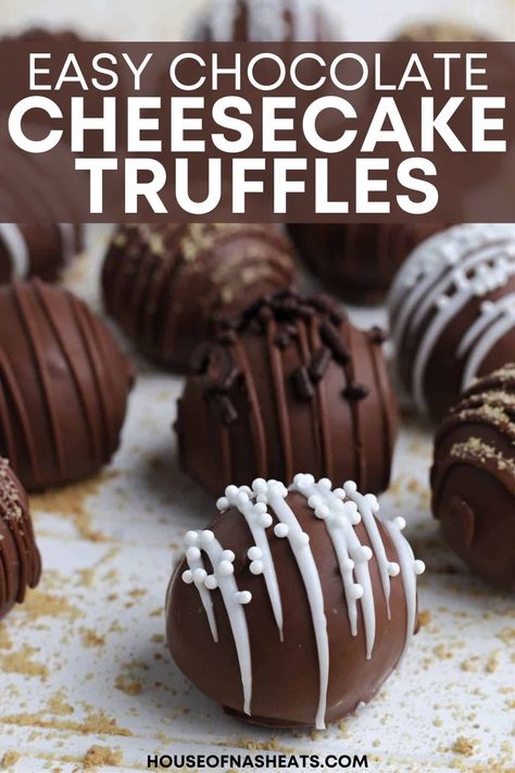 Cheesecake Truffles have the perfect blend of creamy vanilla cheesecake filling, sweet and smooth chocolate coating, with a deliciously crunchy topping, making them a delightful finish to any meal! | chocolate cheesecake truffles recipe | cheesecake truffles no bake | cheesecake truffles recipe no bake | easy cheesecake truffles recipe Cheesecake Truffles No Bake, Cheesecake Balls No Bake, Pumpkin Pie Cheesecake Truffles 12 Tomatoes, Hot Chocolate Cheesecake Truffles, Easy Homemade Cheesecake, Chocolate Fudge Truffle Cheesecake, Chocolate Cheesecake Truffles, Truffles No Bake, Cheesecake Truffles Recipe