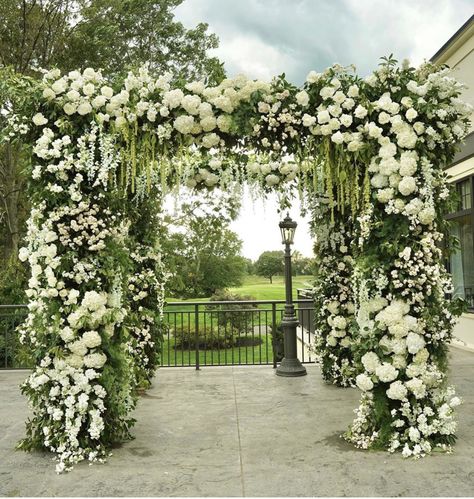 White Green Flowers Wedding, Italian Garden Wedding Aesthetic, White And Green Wedding Decor Indian, Hupa Wedding, Hydrangea Chuppah, Green Mandap, White And Green Mandap, Flower Chuppah, White And Green Flower Arch