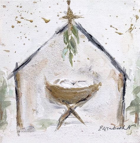 Art by Elizabeth Neil Art Christmas Paintings Nativity, Christmas Art With Christ, Simple Painted Nativity, Christmas Watercolor Nativity, Christmas Nativity Painting, Watercolor Manger Scene, Watercolor Art Nativity, Watercolor Nativity Christmas Cards, Nativity Watercolor Cards