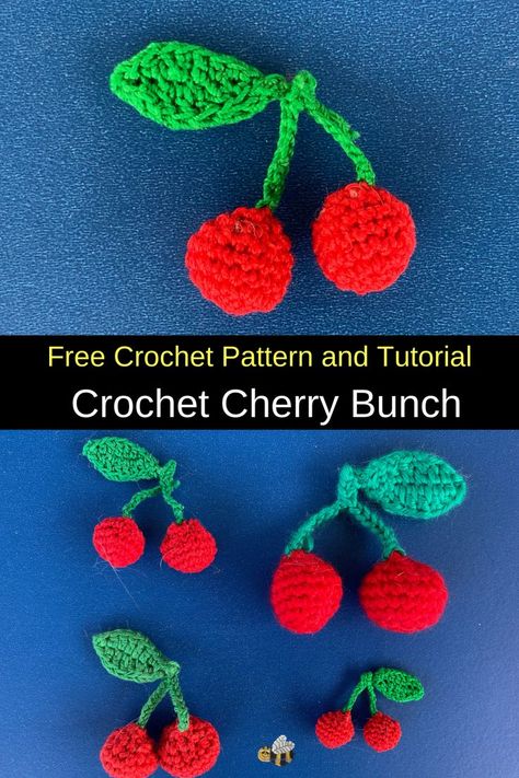 Crochet Strawberry Applique Pattern Free, Cherry Granny Square Pattern, Crochet Cherry Pattern, Small Crochet Applique Patterns Free, Crochet Applique Patterns Free Simple, Crochet Application, Fruit Applique, Winnie The Pooh Crochet, Flat Crochet