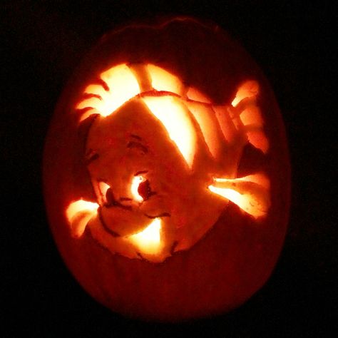 Disney's The Little Mermaid, Flounder Pumpkin Carving Flounder Pumpkin Carving, Pumpkin Carving Ideas Mermaid, Pumpkin Carving Disney Ideas, Ratatouille Pumpkin Carving, Flounder Pumpkin, Little Mermaid Pumpkin Carving, Easy Disney Pumpkin Carving, Mermaid Pumpkin Carving, Pumpkin Carving Disney