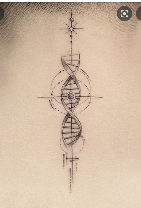 Small Back Tats Men, Dna Tatoos, Knowledge Tattoo Ideas, Physics Tattoo Ideas, Cool Tattoos For Guys Unique, Dna Tattoo Ideas, Tattoo Filigree, Dna Drawing, Dna Tattoo