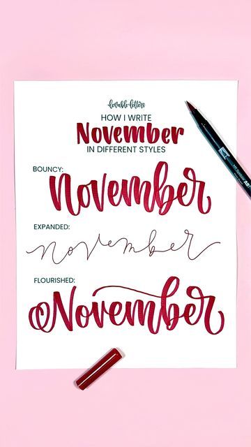 Marcella | Lettering Artist on Instagram: "Here are three different ways to write the word November! Which one is your favorite? 1️⃣ The 1st is a simple and bouncy without any extra frills. This is my standard, natural lettering style. 2️⃣ The 2nd is an expanded version using the bullet tip side of this marker, which I pretty much only use for this style. 3️⃣ The 3rd is a more ornamented version of the bouncy style, with added flourishes to make it a bit more fun. What I Used: - Marker: Tombow Dual Brush Pen - Paper: Astrobrights 28lb Printer Paper - Nails: Impress Manicure #lettering #letteringtutorial #learnlettering #handwriting #calligraphylettering #calligraphy" Lettering Journal Handwriting, November Calligraphy Hand Lettering, November Hand Lettering, Brush Marker Calligraphy, November Lettering, Different Ways To Write, November Writing, Paper Nails, Impress Manicure