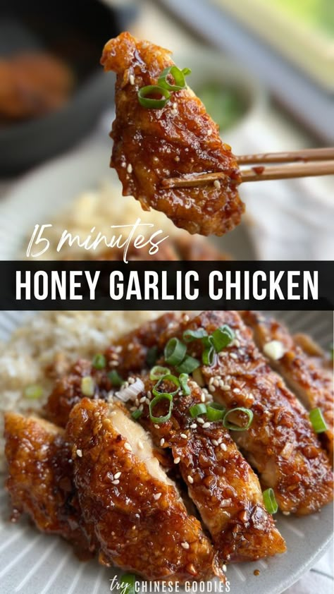 Pan fried honey garlic soy chicken with honey garlic sauce only takes only 15 minutes for a healthy and quick meal. Garlic Soy Chicken, Soy Garlic Chicken, Honey Soy Chicken, Bone In Chicken, Soy Chicken, Honey And Soy Sauce, Chinese Cooking Recipes, Honey Garlic Sauce, Favorite Recipes Dinner