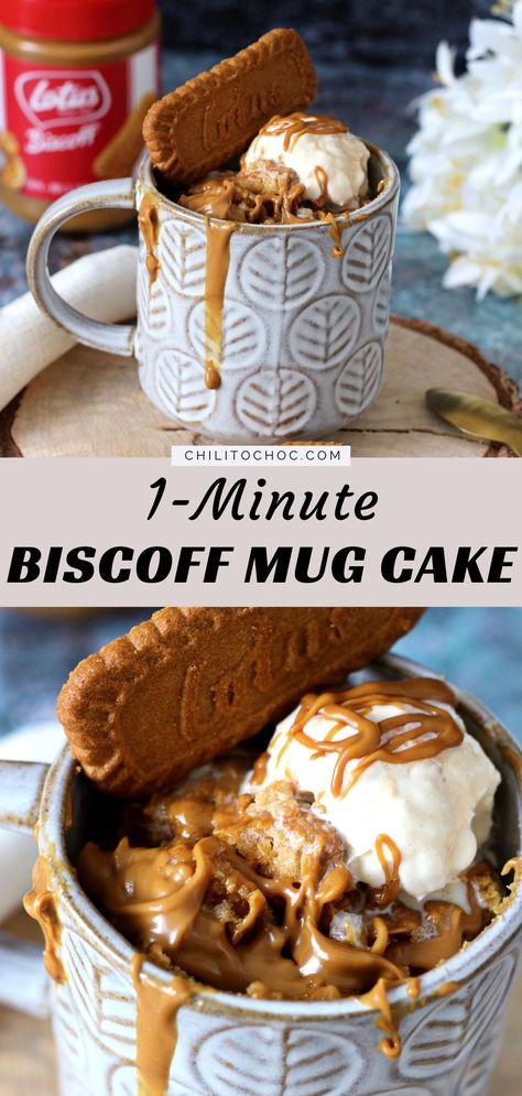 Quick Biscoff Dessert, Lotus Mug Cake, Biscoff Mug Cake Microwave, Lotus Biscoff Mug Cake, Desserts With Vanilla Ice Cream, Biscoff Spread Ideas, One Cup Dessert Mug Cakes, Biscoff Spread Recipes, Lotus Biscoff Recipes