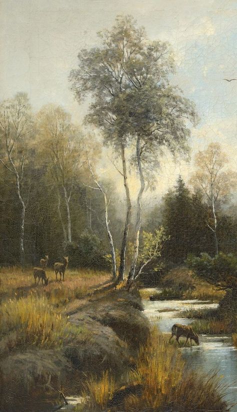 Vintage Nature Painting, Vintage Paintings Aesthetic, Old Landscape Paintings, 1900 Painting, Vintage Nature Aesthetic, Tree Tracing, Vintage Landscape Paintings, Oil Painting Animals, Stream Nature