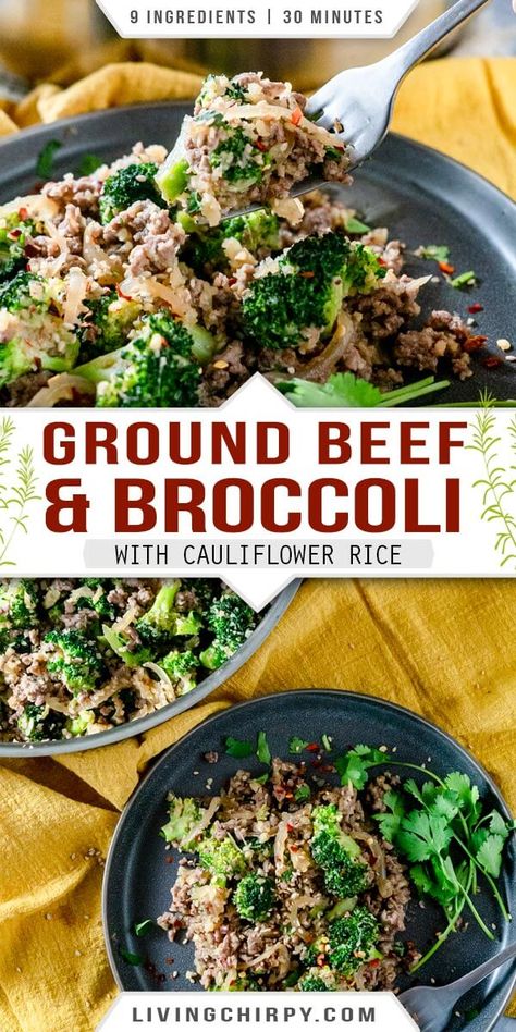 This is a quick and easy recipe for healthy Ground Beef and Broccoli, with cauliflower rice. 9 ingredients, 20 minutes and ONE PAN. Gluten-Free. Can also be made Keto, Low-Carb, Paleo and Whole 30-friendly. #recipe #onepot #onepotrecipes #onepotdinners #keto #ketorecipes #ketodietrecipes #ketodietforbeginners #ketorecipeseasy #ketorecipesdinner #lowcarbrecipes #lowcarbdinner #easyrecipe #easydinnerideas #easydinnerrecipes #glutenfree #glutenfreerecipes #easylowcarbrecipes Healthy Beef And Broccoli, Recipe With Ground Beef, Ground Beef And Broccoli, Beef Broccoli, Healthy Ground Beef, Ground Beef Recipes Healthy, Cauliflower Rice Recipes, Keto Beef Recipes, Healthy Beef