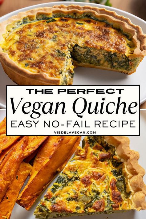 Making a vegan quiche recipe can be challenging due to the need for suitable egg and dairy substitutes. You will find simple and effective solutions here. Learn how to create a delicious, creamy quiche that everyone will love. Save this pin for later to easily access the perfect vegan quiche recipe whenever you need it! Healthy Dinner Vegan Recipes, Vegan Tofu Quiche, Easy Vegan Quiche, Egg Free Quiche, Tofu Quiche Vegan, Vegan Diner Food, Egg And Tofu Recipes, Vegan Breakfast To Go, Alkaline Meal Recipes