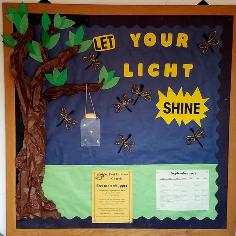 Fall 2018 church bulletin board. Let your light shine. Salt And Light Bulletin Board, Forest Theme Bulletin Board Ideas, Firefly Bulletin Board, Let Your Light Shine Bulletin Board, Forest Bulletin Board, Sunday School Bulletin Boards, Camping Bulletin Boards, Kindergarten Sunday School, Bible Bulletin Boards