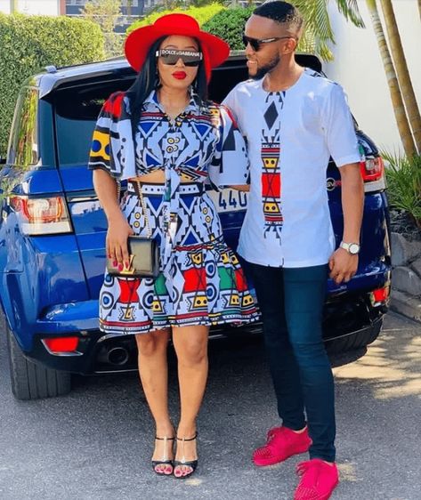 Clipkulture | Modern Ndebele Outfits For Couples Ndebele Print Outfits, Ndebele Traditional Attire, Zulu Traditional Attire, Xhosa Traditional Attire, Skirt And Blouse Styles, Ankara Skirt And Blouse Styles, Couples African Outfits, Modern Wedding Dresses, African Traditional Wear