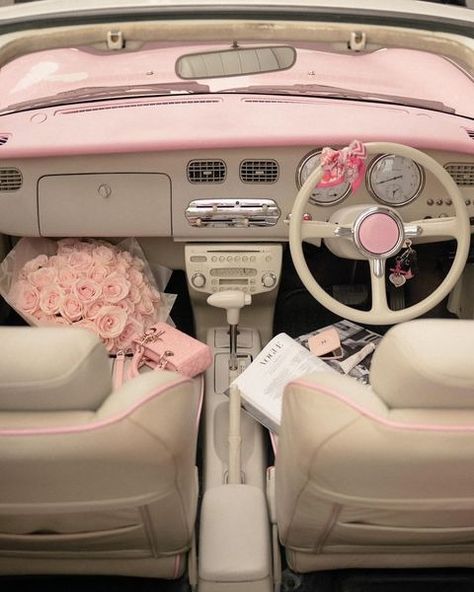 Vehicle Aesthetic, Pink Beetle, Nissan Figaro, Evening Eye Makeup, Volkswagen Beetle Convertible, Barbie Car, Beetle Car, Beetle Convertible, Pretty Bike