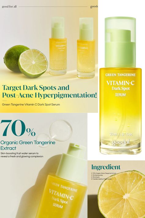 Goodal Vitamin C Dark Spot Serum is packed with a powerful blend of 70% fresh green tangerine extract, 4% niacinamide, and arbutin. Green tangerines are potent in antioxidants and have 10x more vitamin C than lemons. Powered by this fruit, our formula improves dark spots and post-acne hyperpigmentation while tackling the formation of new ones that have yet to surface. Goodal Vitamin C Serum, Goodal Vitamin C, Post Acne Hyperpigmentation, Dark Spot Serum, Acne Hyperpigmentation, Green Tangerine, Best Vitamin C, Cosmetic Bag Set, Fruit Water